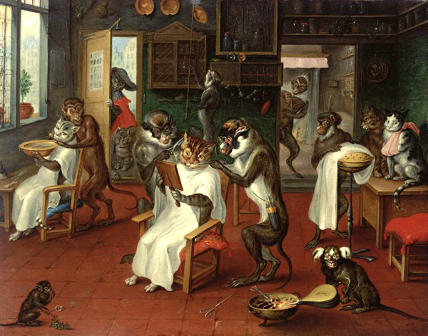 Dość psychodeliczna, jak na tamte czasy wizja, wyszła spod pędzla holenderskiego malarza Abrahama Teniersa. Barber Shop with Monkeys and Cats (1629-1670)