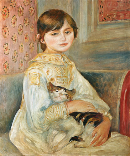 Rozczulający wizerunek kota możemy podziwiać na obrazie Renoira: „Portret Julie Manet z kotem” (1887) 