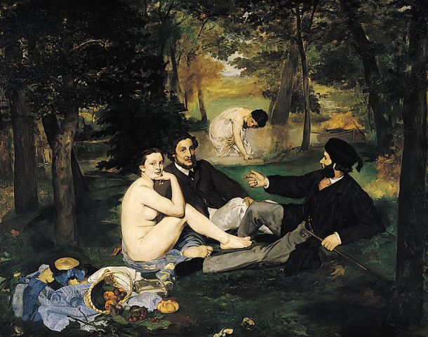 Nagie kobiety często były ukazywane na obrazach w towarzystwie elegancko ubranych mężczyzn. Édouard Manet- Śniadanie na trawie